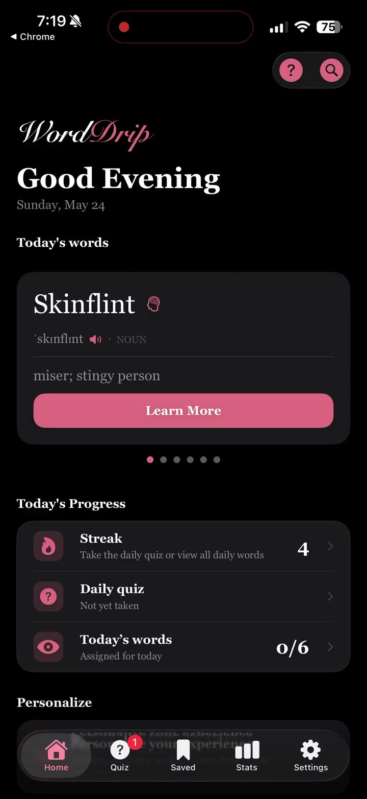 WordDrip home screen